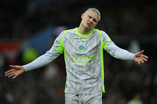 埃尔林·哈兰德是曼城队的伤病隐患。/贾斯汀·塔利斯/法新社/盖蒂图片社