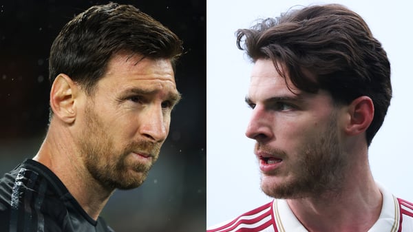 莱昂内尔·梅西（左）和德克兰·赖斯成为八卦新闻的焦点。/ Andy Lyons/James Gill/Danehouse/Getty Images
