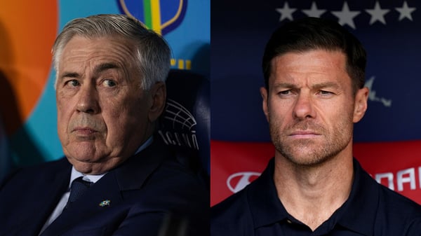 卡洛·安切洛蒂（左）谈到了他的皇家马德里继任者哈维·阿隆索。/ Alexander Hassenstein/Bongarts/Getty Images