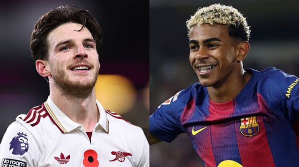 德克兰·赖斯(左)和拉明·亚马尔上赛季都打进了精彩绝伦的进球。/ Robbie Jay Barratt/AMA/Getty Images, Josep Lago/AFP/Getty Images