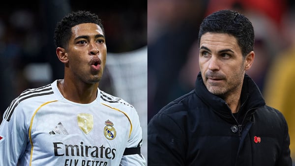 裘德·贝林厄姆(左)和米克尔·阿尔特塔执教的阿森纳成为今日八卦新闻的头条。/ Diego Souto/Getty Images, Visionhaus/Getty Images