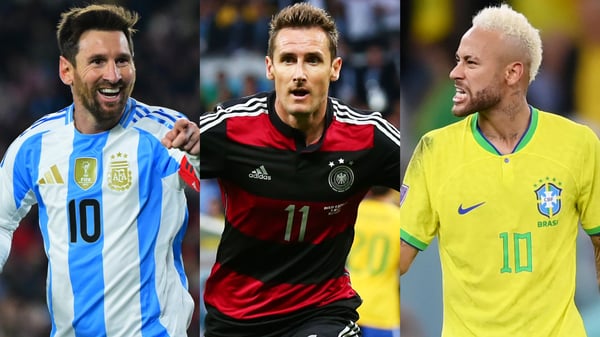 莱昂内尔·梅西、米罗斯拉夫·克洛泽和内马尔分别是各自国家队的历史最佳射手。/ Marcelo Endelli/Getty Images, Robert Cianflone/Getty Images, Laurence Griffiths/Getty Images