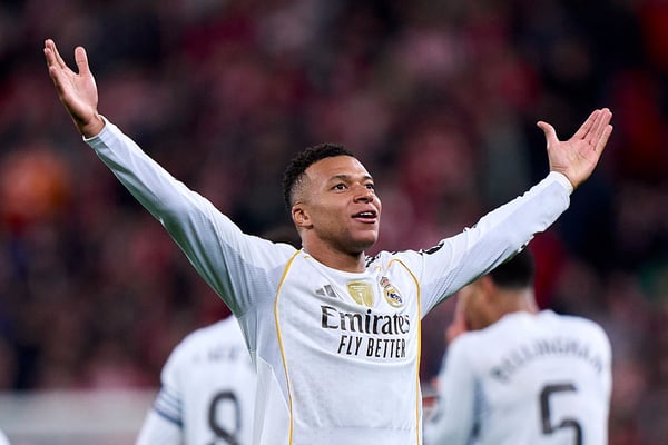 基利安·姆巴佩在2025年已为皇家马德里攻入56球。/ Diego Souto/Getty Images