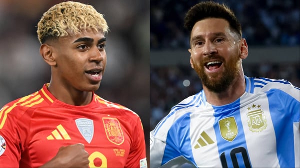 拉明·亚马尔(左)和莱昂内尔·梅西有可能在世界杯决赛的赛场上相遇。/ Buzzi/ZUMA Press Wire