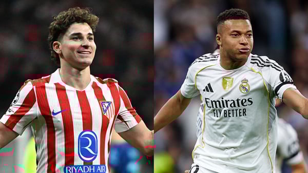 世界杯FIFA体育新闻:朱利安·阿尔瓦雷斯(左)和基利安·姆巴佩在最近的马德里德比中多次交锋。/ Javier Soriano/AFP/Getty Images, Alvaro Medranda/Quality Sport Images/Getty Images