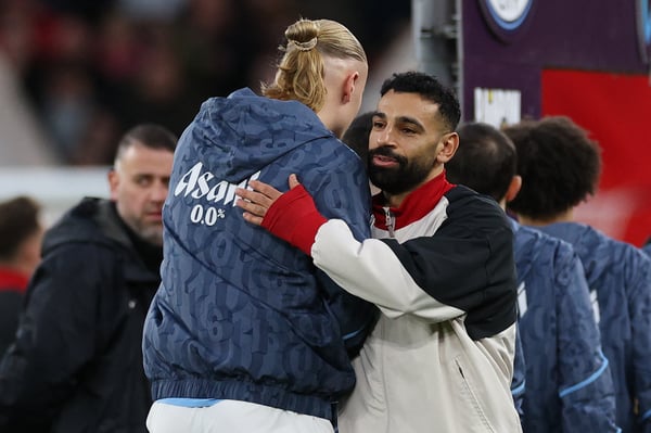 世界杯FIFA体育新闻：埃尔林·哈兰德（左）和穆罕默德·萨拉赫被普遍认为是英超联赛收入最高的两名球员。/ Adrian Dennis/AFP/Getty Images