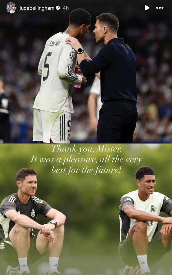 世界杯FIFA体育新闻：裘德·贝林厄姆向哈维·阿隆索告别。/ Instagram (judebellingham)