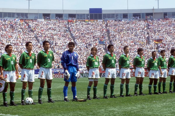 世界杯FIFA体育新闻：1994年美国世界杯小组赛，玻利维亚队对阵德国队前列队。