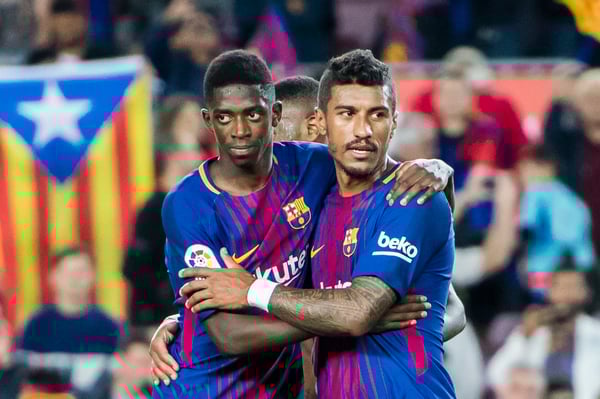 世界杯FIFA体育新闻：保利尼奥（右）和奥斯曼·登贝莱是巴塞罗那 2017 年夏季签约球员。 /力量运动图片/盖蒂图片社
