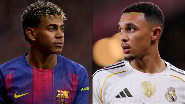 世界杯FIFA体育新闻：拉明·亚马尔（左）和特伦特·亚历山大-阿诺德（右）成为八卦新闻的焦点。/ Pedro Salado/Jose Breton/Pics Action/NurPhoto/Getty Images