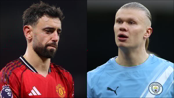 世界杯FIFA体育新闻：布鲁诺·费尔南德斯（左）和埃尔林·哈兰德（右）成为八卦新闻的焦点。/ James Gill/Danehouse/Neal Simpson/Sportsphoto/Allstar/Getty Images