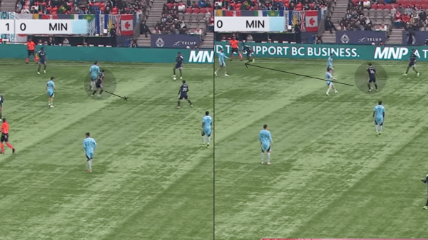 世界杯FIFA体育新闻：塞巴斯蒂安·贝尔哈特（图中圈出者）创造出空间，随后传球助攻队友破门得分。/ 图片由 Apple TV 提供