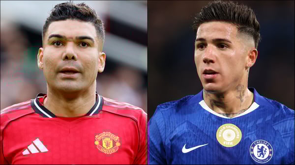 世界杯FIFA体育新闻：卡塞米罗（左）和恩佐·费尔南德斯（右）成为八卦新闻的焦点。/ Richard Sellers/Sportsphoto/Allstar/Catherine Ivill/AMA/Getty Images