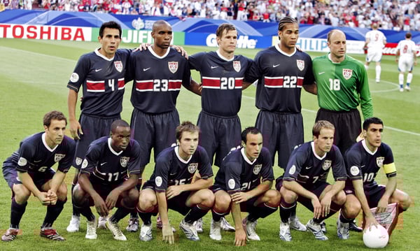 世界杯FIFA体育新闻：美国男足在2006年世界杯上身穿深蓝色客场球衣。/ TIMOTHY A. CLARY/AFP/Getty Images