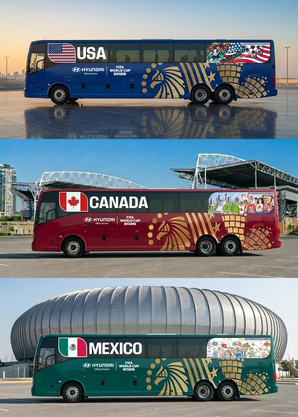 世界杯FIFA体育新闻：东道国官方球队大巴上装饰着“与现代汽车同行”的图案。
