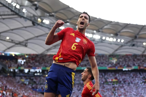 世界杯FIFA体育新闻:米克尔·梅里诺庆祝在2024年欧洲杯对阵德国的比赛中进球