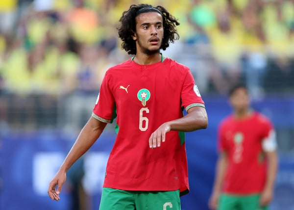 世界杯FIFA体育新闻：在纽约新泽西体育场举行的2026年国际足联世界杯C组巴西对阵摩洛哥的比赛中，摩洛哥球员阿尤布·布阿迪正在比赛中。